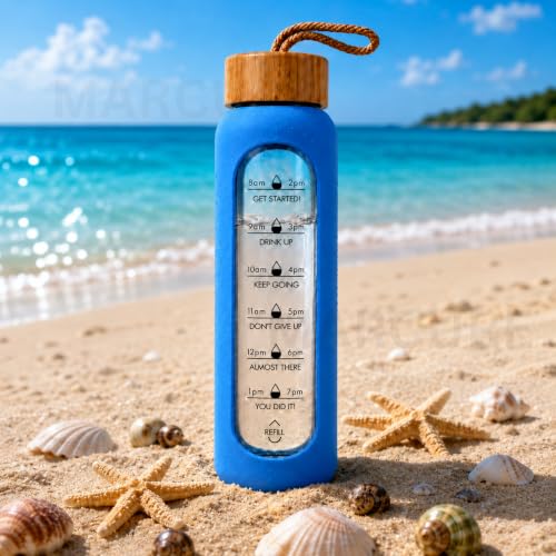Image of Borosilicate Glass Water Bottle with Silicone Sleeve | Natural Bamboo lid | perfect for Home, Fridge, Office, Gym, Travel | BPA Free | Blue