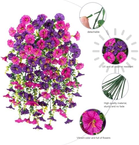 Artificial Hanging Flowers, 69 Heads UV Resistant Artificial Outdoor Flower, Faux Silk Morning Glory,Faux Silk Morning Glory Hanging Plants,for Outdoor Home Porch Patio Garden Decor, 2/6 Pack (2, A) - 1