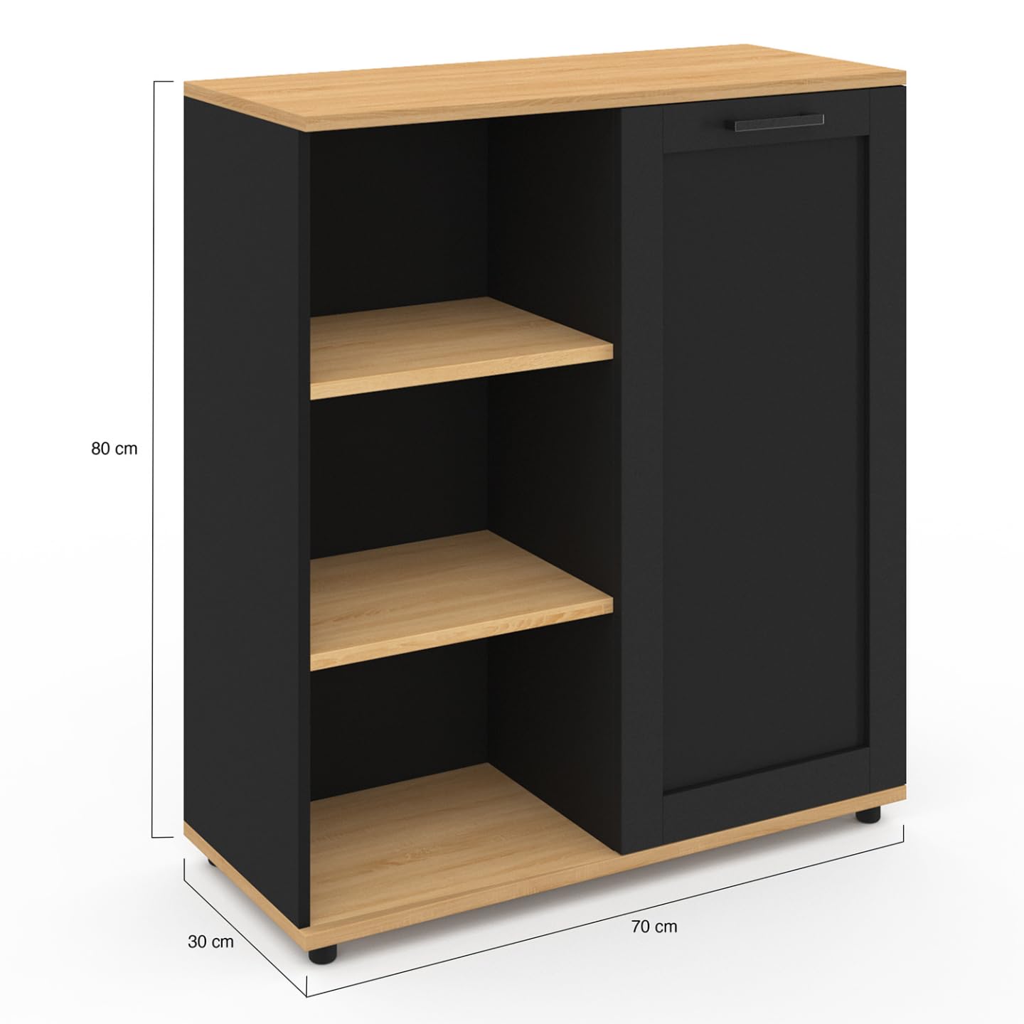 IDMarket - Buffet d'appoint 70 cm VITO 3 étagères et Placard Noir et Plateau Bois