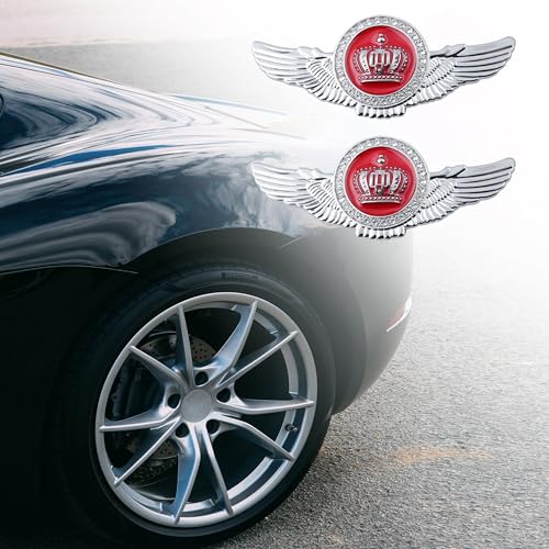 Image of 2pcs Wing Circular Crown Emblems,Crystal Diamond Crown Car Stickers Decals Decoration for All Car (Silver Red)