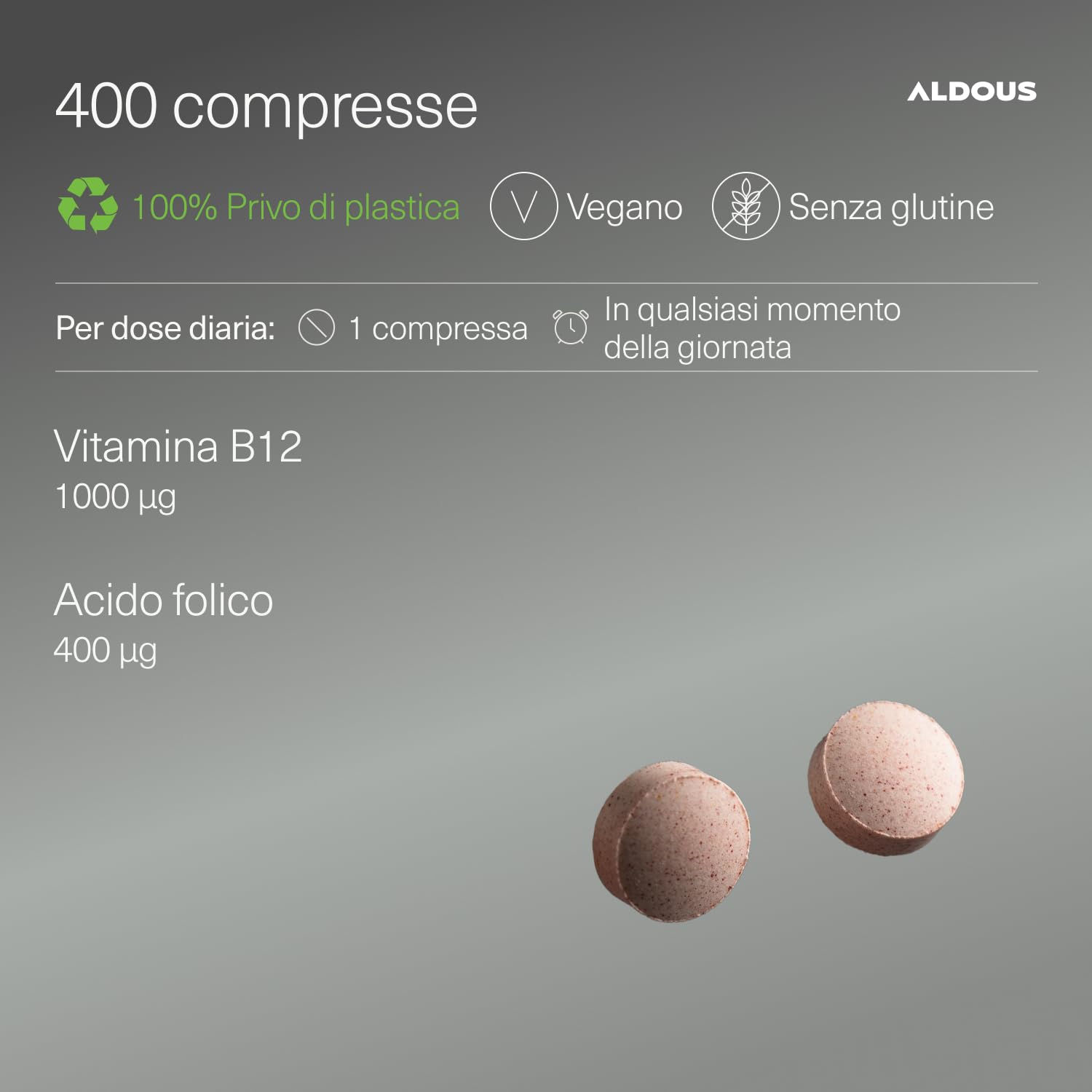 Vitamina B12 e Acido Folico - 400 Compresse (Scorta per +1 Anno) - B12 Vitamina 1000 mcg + Acido Folico 400 mcg - Integratori Stanchezza e Fatica - Integratori Difese Immunitarie - Vegan - ALDOUS