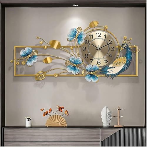 Image of Large Metal Multicolor Peacock Leaf Wall Clock Floral Design Modern Decorative Clock for Living Room, Bedroom, Office, Dining (Size 42x26 Inch)