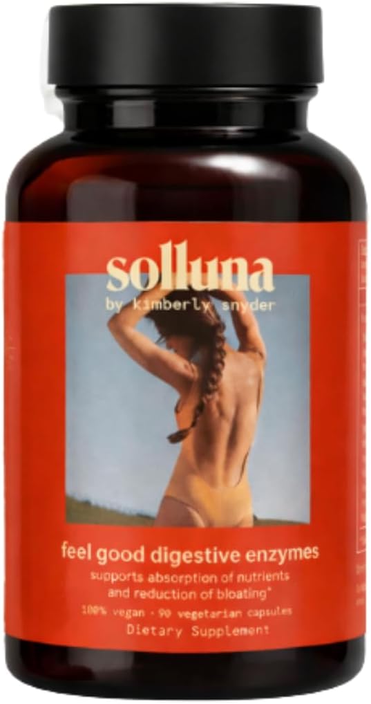 Solluna by Kimberly Snyder Feel Good Digestive Enzymes — Lipase, Amylase, Protease, Alpha-Galactosidase, Cellulase for Digestive Health, Nutrient Absorption, Gas and Bloating (90CT) Vegan & Non-GMO