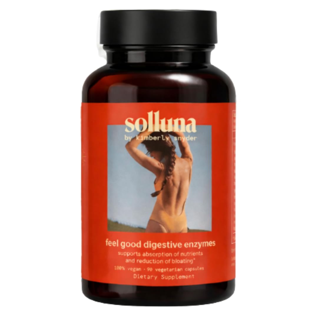 Solluna by Kimberly Snyder Feel Good Digestive Enzymes — Lipase, Amylase, Protease, Alpha-Galactosidase, Cellulase for Digestive Health, Nutrient Absorption, Gas and Bloating (90CT) Vegan & Non-GMO