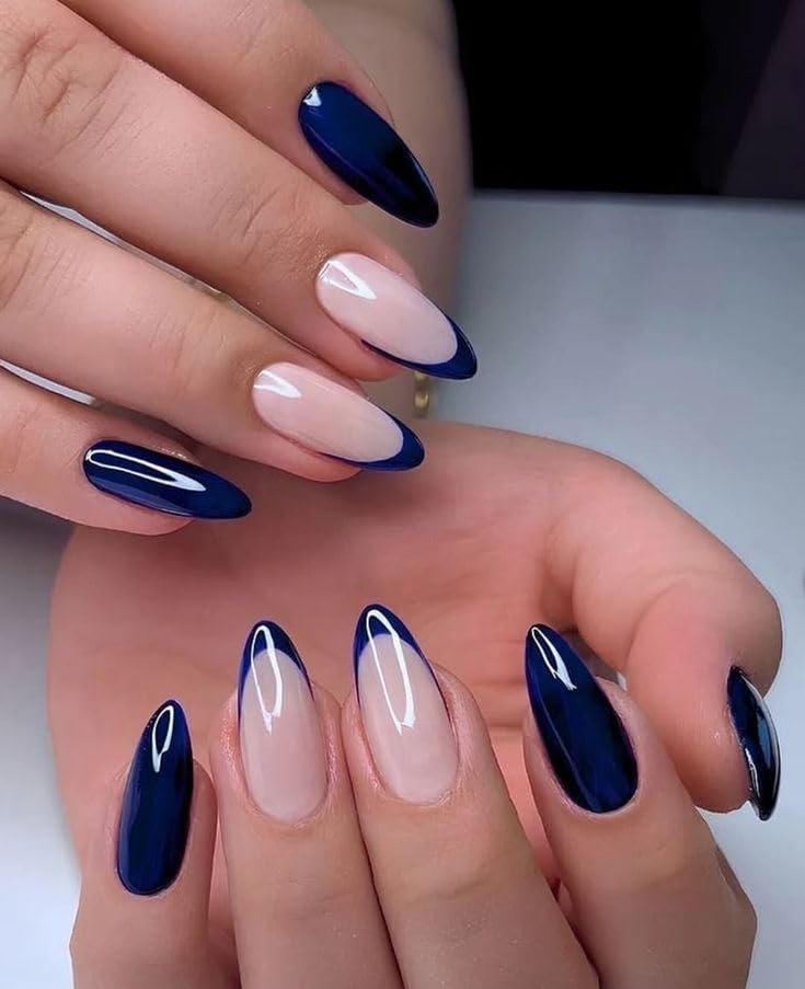 Set Of 14Pc, Nail Extensions for Women, Long Almond Shape, Navy Blue and Nude, Glossy Finish, French Tip Press On Nails With Free Glue Kit-image-38