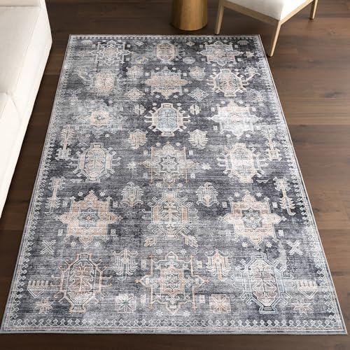 nuLOOM 5' x 8' Splashguard Machine Washable Area Rug with Waterproof Spill Proof Surface, Non Slip Backing and Stain Resistant for Living Room, Bedroom, Kitchen, Dining Room, Philomena Charcoal