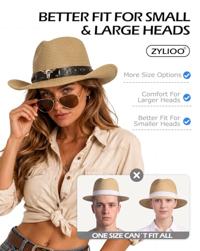 Image of Zylioo XXL Straw Cowboy Hat,Large Size Western Cowgirl Hat,Wide Brim Summer Sun Hats,Breathable Beach Travel Hats