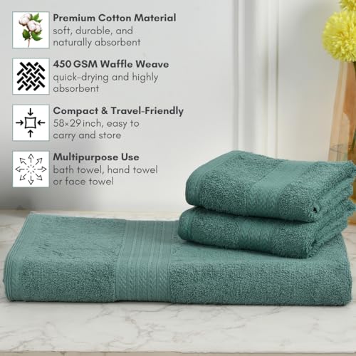 Image of Mafatlal Joy Cotton Towel Set - Pack of 3 | 1 Bath Towel 58 x 29 inch + 2 Hand Towels | Soft, Quick Dry | 450 GSM | Tidepool | Ideal for Bathroom & Travel