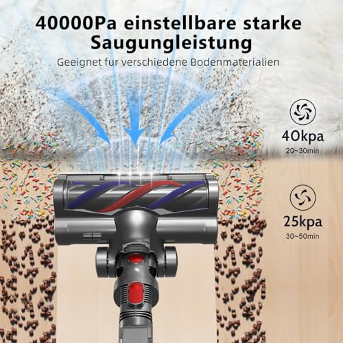 Authmic 40000Pa Akku Staubsauger,50Min |450W Staubsauger Kabellos,Akkustaubsauger mit 4 HEPA Filters und 1.6L Staubbehälter,für Teppich,Hartböden und Tierhaare