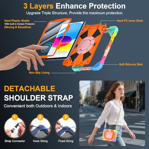 Image of Case for iPad (A16) 11th Generation 11 Inch 2025, Ubearkk for iPad 10th Generation 10.9 inch 2022 case with Screen Protector 360 Degree Rotating Stand Shoulder Strap Pencil Holder, Colorful Orange