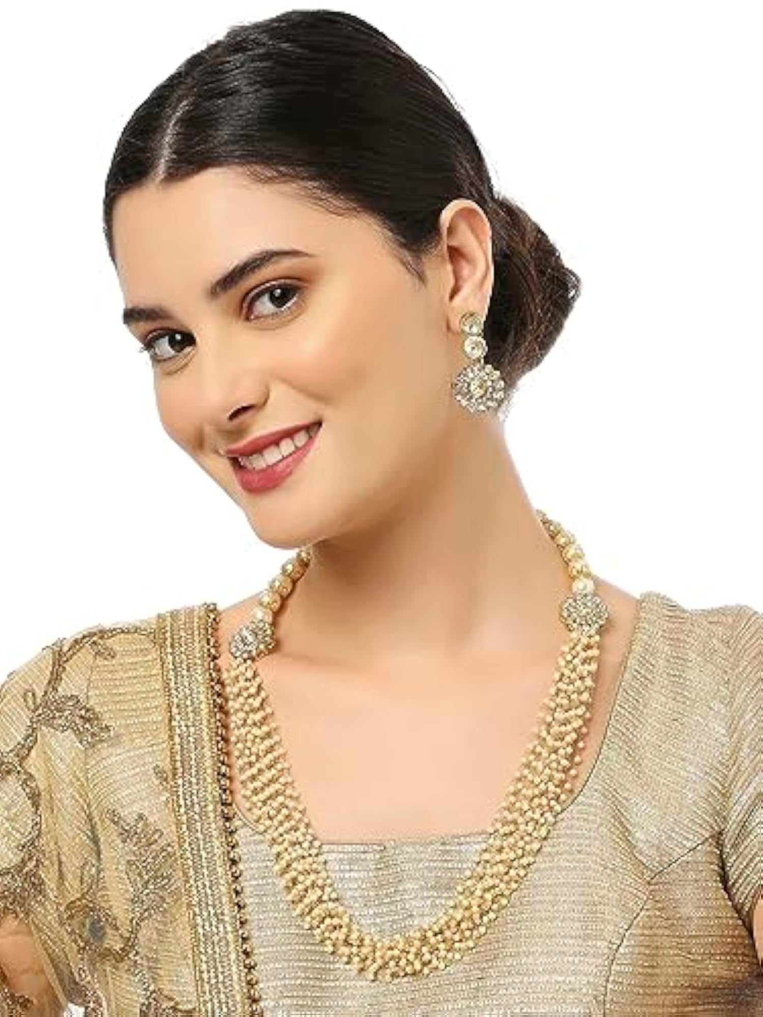 Women's Kundan Multi Layer Long Mala Necklace Set with Drop Earrings