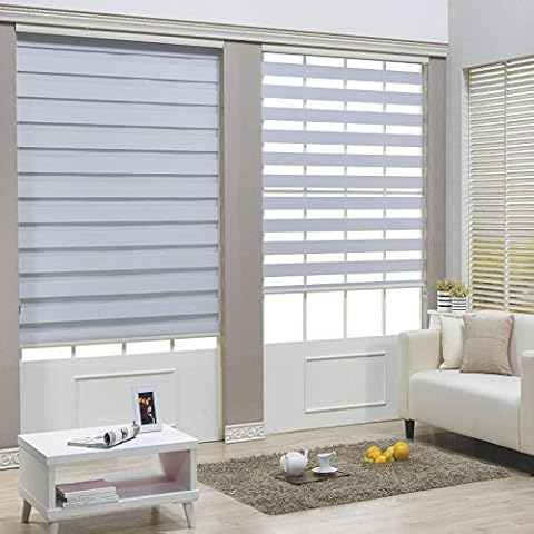 HTTMT- Zebra Roller Blinds [(W)32“ x (H)72”] White, Cordless, Dual Layer Shades, Sheer or Privacy Light Control, Day and Night Window Drapes, Easy to Install, Striped Dove [P/N: ET-ZB-W-32] Cover