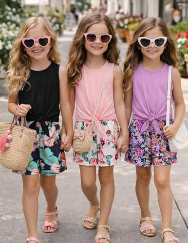 Image of Arshiner Girl's 2 Piece Outfits Tie Knot Tank Top and Paperbag Waist Pocketed Summer Short Sets