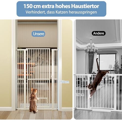 COSTWAY Türschutzgitter Hunde, Absperrgitter ganz hoch, 77-104 cm x 150 cm, Schutzgitter mit Kleiner Tür, 2 Erweiterungen, Türgitter ohne Bohren, Hundegitter ausziehbar, Sicherheitsgitter Metall, Weiß