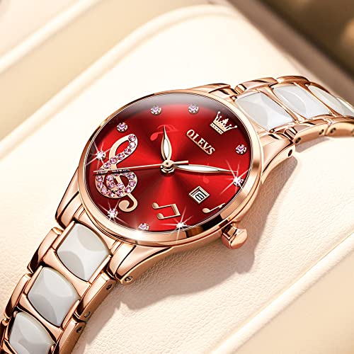 Image of OLEVS Women's Wristwatch, Fashionable, Easy to Read Japanese Movement, Popular, Cute, Date, Luminous, Waterproof, Valentine's Day Gift, Music Notes: Red-3605, Bracelet Type