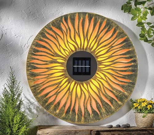 Taylor & Brown 38cm Solar Powered Metal Sun Wall Art Outdoor Garden Wall Decoration with LED Lights Decorative Hanging Ornament for Patio Fence Balcony or Yard Décor