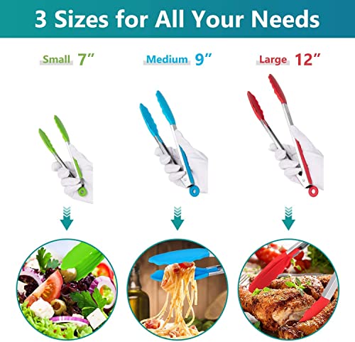 Kitchen Tongs Set Of 3, Stainless Steel Tongs With Silicone Tips For Cooking, Barbecue, Bbq Grilling, Buffet Serving, 7/9/12 Inches (Multi-Color) #TOP1