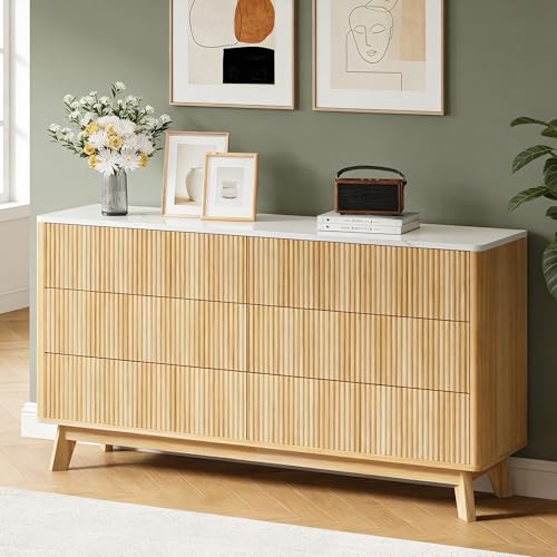 Image of Airynee Fluted 6 Drawers Dresser for Bedroom,52 inch Wide Handleless Chest of Drawers with Faux Marble Top, Wooden Dresser TV Stand, Wood Drawer Organizer for Living Room, Hallway, Natural Oak