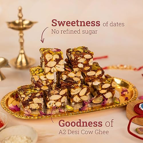Image of Anveshan Rakhi Sweets Gift Box for Brother Sister Bhiya Bhabhi Family, 200gms | Rakshabandhan Gift for Brother Sister | Healthy Indian Sweets With Dates and Dry Fruits No Sugar, Handmade Zero Waste Rakhi with Roli and Rice