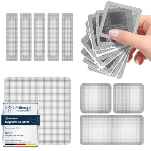 teeppo Fliegengitter Reparatur Set 39 Stück Selbstklebendes Fliegengitter Reparaturband für Fenster & Moskitonetze Löcher und Risse Sofort Reparieren Starkes Glasfaser Reparatur Klebeband Grau