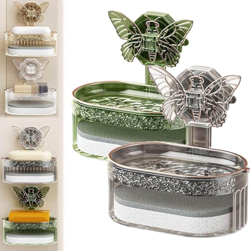 Imgjsx Jabonera de doble capa con esponja sin agujero, soporte de esponja con ventosa, soporte de esponja con ventosa de mariposa para ducha, baño, bañera y fregadero de cocina (2MixB)