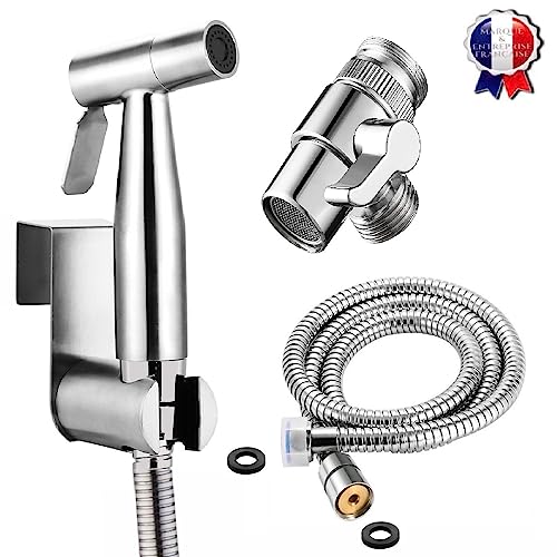 BbfStyle - Marque Française - SUS 304 avec Mousseur Déviateur - Kit douchette WC pour l'hygiène intime - Idéal pour WC suspendu, bidet ou robinet - Métallique - Finition Nickel Brossé - Taharat