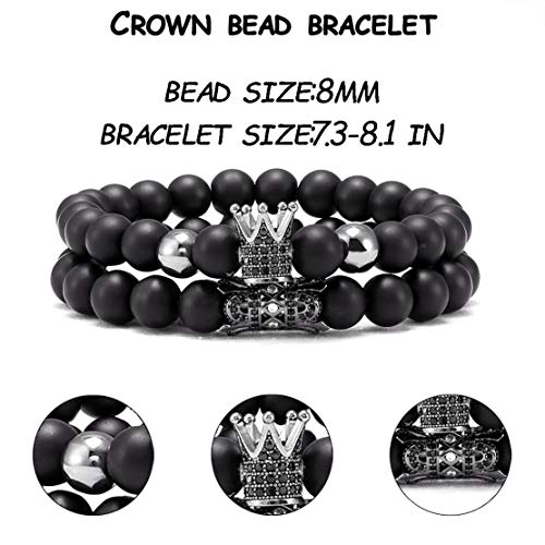 Jewpark 4 Pcs Crown King Bracelets For Men Black Matte Onyx Cool Natural Stone Bracelets Set B #TOP2