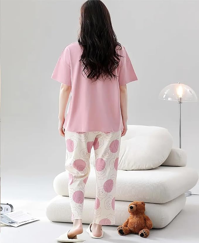 Image of Women Printed T-Shirt and Track Pant Set | Cotton Co-Ord Night Suit for Women | Lounge Wear, Sleepwear, Gym Wear | Half Sleeve Top & Elastic Waist Joggers | Stylish