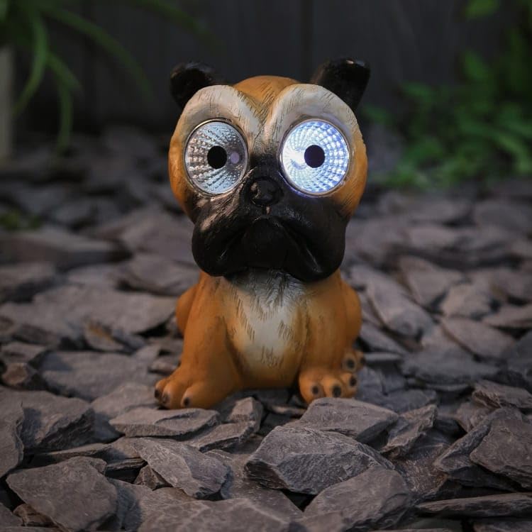 New Adorable Solar Powered Big Eyed Dog Statue – Garden Ornament with Cool White LED Lights & Auto On at Dusk Outdoor Garden Décor-A11 (Bulldog)
