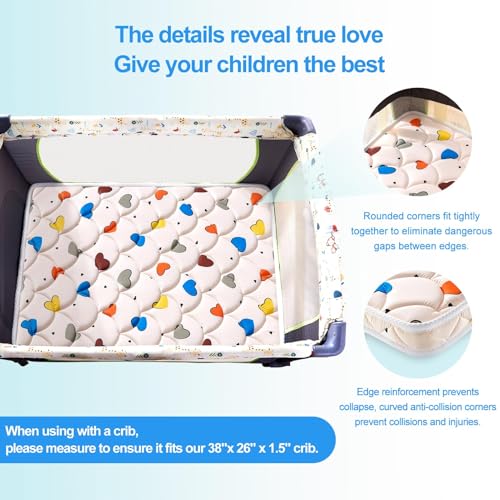 Image of Pack and Play Mattress (38 inchx26 inchx1.5 inch),Skin Friendly Fabric, Soft, Breathable and Quiet, Provides Baby Friendly Support and Helps Healthy Spine Development,Pack and Play Topper,Cute Heart Pattern