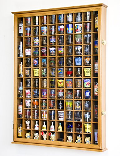sfDisplay.com,LLC. 108 Shot Glass Shotglass Shooter Display Case Holder Cabinet Wall Rack 98% UV Lockable Door -Oak