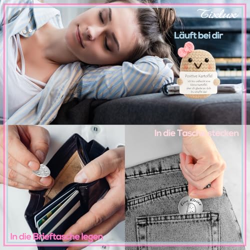 Tixlux Pocket Hug Positive Kartoffel Figur, Handgefertigte Strickwolle Mini Kartoffel Dekorationsfigur mit Glücksbringer (Silber I), Mutmacher Geschenk, Gute Besserung, Einschulung