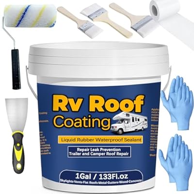 Qiveaory 1Gal/133Fl.oz Liquid Rubber Rv Roof Coating White Waterproof Sealant Camper Roof Repair Solar Reflective Wooden Brush Putty Knife Nitrile Gloves Paint Roller Drywall Repair Tape