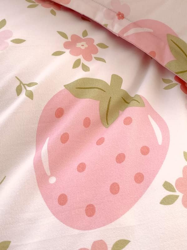 Miniatura 6 de Juego de ropa de cama floral rosa fresa y verde, patrones lindos, funda de edredón para niñas, 3 piezas, conejo, fresas y flores, funda de edredón
