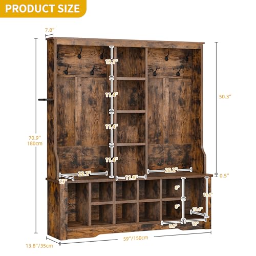 DWVO 59" Wide Hall Tree with Bench and Storage for Hallway Entryway, 10 Shoe Cubbies & 10 Coat Hooks, 4-Tier of Center Storage Open Cabinets, Coat Rack with Space for Bedchamber Living Room (Brown)