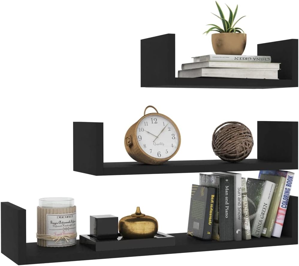 3-Piece Black Wall-Mounted Shelf Set with Floating Storage Shelves for Display and Organization