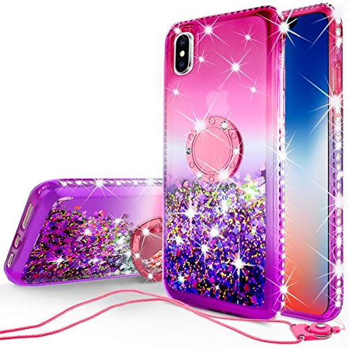 GW Cases for iPhone Xr Case Cute Ring Liquid Glitter Shock Proof Phone Case Bling Kickstand Girls Women Compatible for Apple iPhone Xr - Hot Pink/Purple