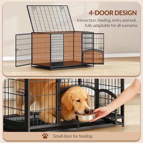 Fobyfurny Hundekäfig Hochbelastbar, XXL Gitterbox für Zuhause, 4-Türiger Hundebox Metall mit Seitentür und Herausnehmbares Bodenschale, Leicht zu Reinigen, Haustierkäfig, Schwarz, 122 x 74,5 x 80,5 cm