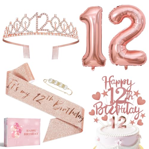 12 Geburtstag Mädchen Deko Happy Birthday Krone und Schärpe 12. Luftballons Geburtstag Rosegold Kerze 12 geburtstagsdeko 12 Geschenk für Freundin w917