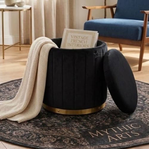 Image of Superior Round Storage Ottoman Stool 13 X 13X 16 inch, with Gold Metal Base | Elegant Pouffe with Secret Storage | Cushioned Footrest for Living Room, Bedroom, and Lounge Black