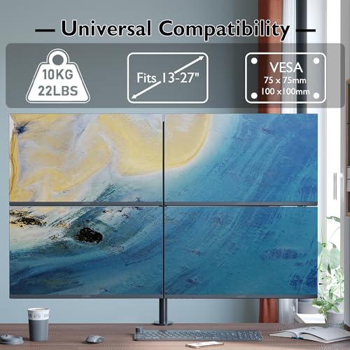 BONTEC Monitor Halterung 4 Monitore für 13-27 Zoll, Höhenverstellbar Monitor Halterung, Neigbar 180° Schwenkbar 360°, VESA 75/100 mm, Max. 10kg Pro Arm, Für Büro, Gaming, Konferenzraum