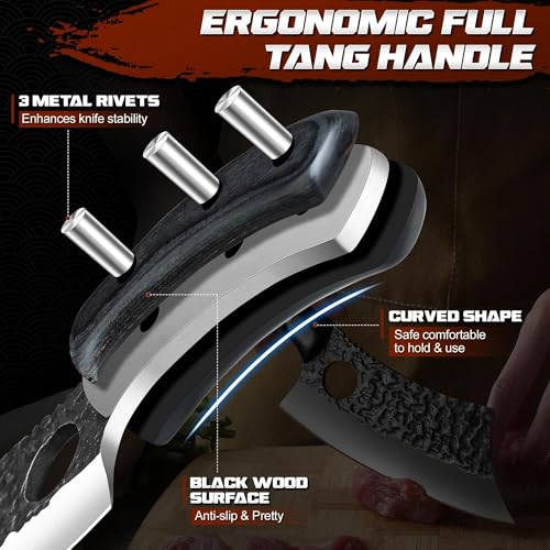 Image of ROCOCO Meat Cleaver Butcher Knife - Full Tang Knife & Sheath Gift Idea Men | Sharp Hand forged Knife for Home Outdoor BBQ Camping Mother Father Gift Idea Men Black 6.3 inch