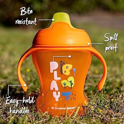 Tommee Tippee Trainer Sippee Cup, 7m+, 8oz, Pack of 3 Non-Spill Trainer Cups for Toddlers, Blue, Orange and Green, with Bite-Resistant Spout and Easy-Hold Handles, Travel Friendly and BPA Free