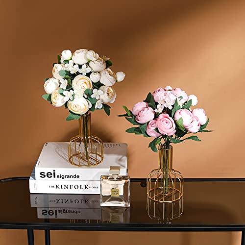 Luyue 2 Pack Fake Peony Flowers In Gold Vase Artificial Peonies Ins Flower Arrangement For Table Centerpiece Wedding Home Office Desktop Floral Decoration-(Ivory White) #TOP7