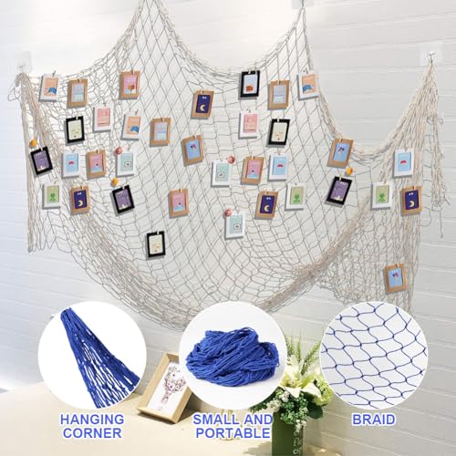 Aolso Dekoracja sieci rybackiej, 6,5 x 3,3 stopy (198 x 100 cm), morska, wisząca siatka na ryby, niebieska sieć wędkarska, motyw plażowy, dekoracja na imprezę, do domu, siatka fotograficzna w stylu