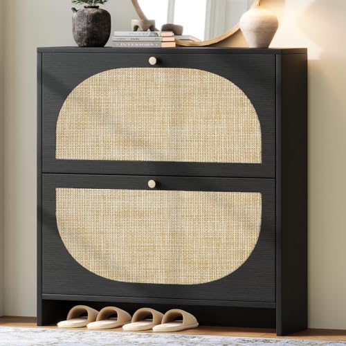 Nicetree Shoe Organizer for Entryway, Slim Shoe Rack with 2 Flip Drawers, Modern Boho Rattan Shoe Cabinet Storage for Entryway, Narrow Shoe Cabinet with Adjustable Shelves for Small Spaces, Black by Nicetree - Used condition - US$94.57