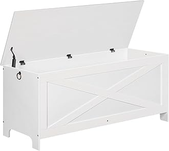 MAHANCRIS 47.2" Toy Chest, Sturdy Entryway Storage Chest with Safety Hinge, Retro Toy Box, Wooden Look Accent Furniture for Living Room, Bedroom, White SCBW48801