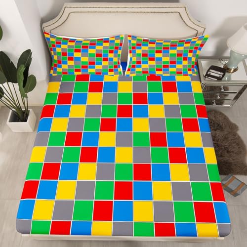 Image of Erosebridal Geometric Checkered Bedding Set Full Colorful Checkerboard Bed Sheets Rainbow Plaid Sheet Set Kids Boys Girls,Red Blue Green Yellow Grids Fitted Top Sheets 4 Piece