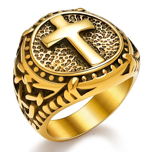 Oaldilee Mens Christian Cross Ring 18K Gold Plated Biker Signet