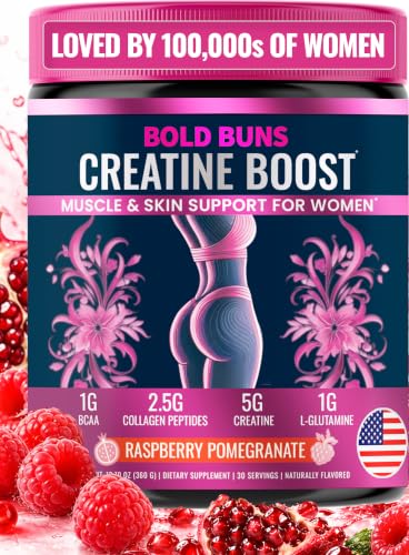 Bold Buns Creatine for Women – Supplement with Collagen & BCAA – Supports Muscle Development, Post-Workout Recovery, Skin Elasticity, Healthy Hair & Nail (30 Servings, Raspberry Pomegranate)